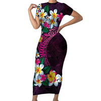 Hawaiian Plumeria-Polynesian Art Tattoo Plum Pink Color Family Matching Short Sleeve Bodycon Dress and Hawaiian Shirt LT03 Mom's Dress Pink - Polynesian Pride