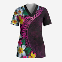 Hawaiian Plumeria-Polynesian Art Tattoo Plum Pink Color Scrub Top LT03 Adult Pink - Polynesian Pride