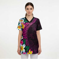 Hawaiian Plumeria-Polynesian Art Tattoo Plum Pink Color Scrub Top LT03 - Polynesian Pride