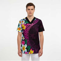 Hawaiian Plumeria-Polynesian Art Tattoo Plum Pink Color Scrub Top LT03 - Polynesian Pride