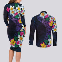 Hawaiian Plumeria-Polynesian Art Tattoo Frosted Blue Violet Color Couples Matching Long Sleeve Bodycon Dress and Long Sleeve Button Shirt