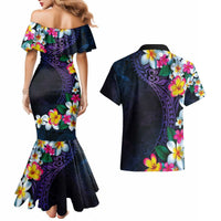 Hawaiian Plumeria-Polynesian Art Tattoo Frosted Blue Violet Color Couples Matching Mermaid Dress and Hawaiian Shirt