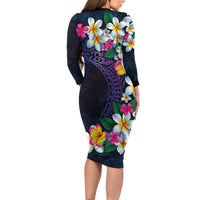 Hawaiian Plumeria-Polynesian Art Tattoo Frosted Blue Violet Color Family Matching Long Sleeve Bodycon Dress and Hawaiian Shirt LT03 - Polynesian Pride