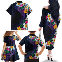 Hawaiian Plumeria-Polynesian Art Tattoo Frosted Blue Violet Color Family Matching Off The Shoulder Long Sleeve Dress and Hawaiian Shirt