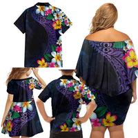 Hawaiian Plumeria-Polynesian Art Tattoo Frosted Blue Violet Color Family Matching Off Shoulder Short Dress and Hawaiian Shirt