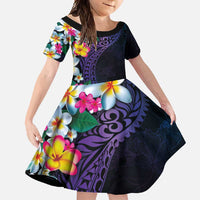 Hawaiian Plumeria-Polynesian Art Tattoo Frosted Blue Violet Color Family Matching Short Sleeve Bodycon Dress and Hawaiian Shirt LT03 Daughter's Dress Blue - Polynesian Pride