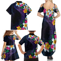 Hawaiian Plumeria-Polynesian Art Tattoo Frosted Blue Violet Color Family Matching Summer Maxi Dress and Hawaiian Shirt