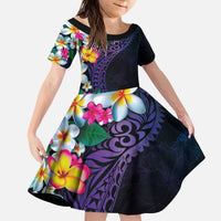 Hawaiian Plumeria-Polynesian Art Tattoo Frosted Blue Violet Color Kid Short Sleeve Dress