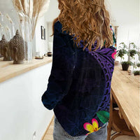 Hawaiian Plumeria-Polynesian Art Tattoo Frosted Blue Violet Color Women Casual Shirt