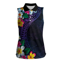 Hawaiian Plumeria-Polynesian Art Tattoo Frosted Blue Violet Color Women Sleeveless Polo Shirt