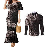 Hawaiian Plumeria-Polynesian Art Tattoo Grayscale Color Couples Matching Mermaid Dress and Long Sleeve Button Shirt