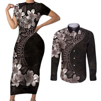 Hawaiian Plumeria-Polynesian Art Tattoo Grayscale Color Couples Matching Short Sleeve Bodycon Dress and Long Sleeve Button Shirt