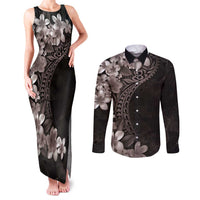 Hawaiian Plumeria-Polynesian Art Tattoo Grayscale Color Couples Matching Tank Maxi Dress and Long Sleeve Button Shirt