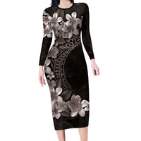 Hawaiian Plumeria-Polynesian Art Tattoo Grayscale Color Family Matching Long Sleeve Bodycon Dress and Hawaiian Shirt LT03 Mom's Dress Gray - Polynesian Pride