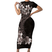 Hawaiian Plumeria-Polynesian Art Tattoo Grayscale Color Family Matching Short Sleeve Bodycon Dress and Hawaiian Shirt LT03 Mom's Dress Gray - Polynesian Pride