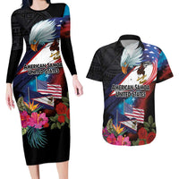 American Samoa and United States Together Couples Matching Long Sleeve Bodycon Dress and Hawaiian Shirt National Flag with Eagle-Hibiscus and Rose