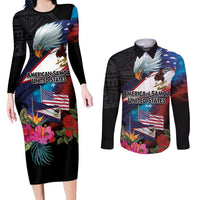 American Samoa and United States Together Couples Matching Long Sleeve Bodycon Dress and Long Sleeve Button Shirt National Flag with Eagle-Hibiscus and Rose