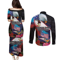 American Samoa and United States Together Couples Matching Puletasi and Long Sleeve Button Shirt National Flag with Eagle-Hibiscus and Rose