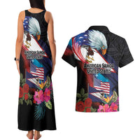American Samoa and United States Together Couples Matching Tank Maxi Dress and Hawaiian Shirt National Flag with Eagle-Hibiscus and Rose