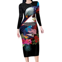 American Samoa and United States Together Family Matching Long Sleeve Bodycon Dress and Hawaiian Shirt National Flag with Eagle-Hibiscus and Rose