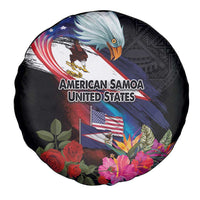 American Samoa and United States Together Spare Tire Cover National Flag with Eagle-Hibiscus and Rose
