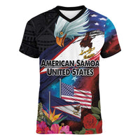 American Samoa and United States Together Women V-Neck T-Shirt National Flag with Eagle-Hibiscus and Rose