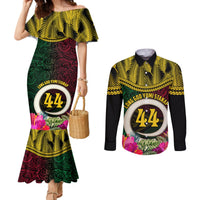 Vanuatu 44th Anniversary Independence Day Couples Matching Mermaid Dress and Long Sleeve Button Shirt Boars Tusk and Namele Plant LT03 Black - Polynesian Pride