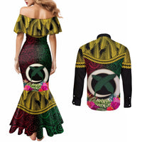 Vanuatu 44th Anniversary Independence Day Couples Matching Mermaid Dress and Long Sleeve Button Shirt Boars Tusk and Namele Plant LT03 - Polynesian Pride