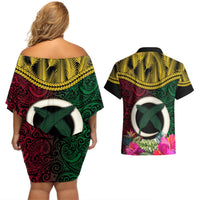 Vanuatu 44th Anniversary Independence Day Couples Matching Off Shoulder Short Dress and Hawaiian Shirt Boars Tusk and Namele Plant LT03 - Polynesian Pride