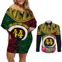 Vanuatu 44th Anniversary Independence Day Couples Matching Off Shoulder Short Dress and Long Sleeve Button Shirt Boars Tusk and Namele Plant LT03 Black - Polynesian Pride