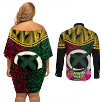 Vanuatu 44th Anniversary Independence Day Couples Matching Off Shoulder Short Dress and Long Sleeve Button Shirt Boars Tusk and Namele Plant LT03 - Polynesian Pride
