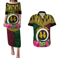 Vanuatu 44th Anniversary Independence Day Couples Matching Puletasi and Hawaiian Shirt Boars Tusk and Namele Plant LT03 Black - Polynesian Pride