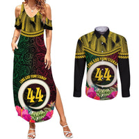 Vanuatu 44th Anniversary Independence Day Couples Matching Summer Maxi Dress and Long Sleeve Button Shirt Boars Tusk and Namele Plant LT03 Black - Polynesian Pride