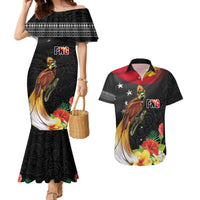 Papua New Guinea Independence Day Couples Matching Mermaid Dress and Hawaiian Shirt PNG Flag and Bird-of-Paradise LT03 Black - Polynesian Pride