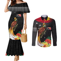 Papua New Guinea Independence Day Couples Matching Mermaid Dress and Long Sleeve Button Shirt PNG Flag and Bird-of-Paradise LT03 Black - Polynesian Pride