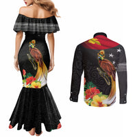 Papua New Guinea Independence Day Couples Matching Mermaid Dress and Long Sleeve Button Shirt PNG Flag and Bird-of-Paradise