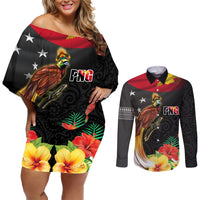 Papua New Guinea Independence Day Couples Matching Off Shoulder Short Dress and Long Sleeve Button Shirt PNG Flag and Bird-of-Paradise LT03 Black - Polynesian Pride