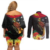 Papua New Guinea Independence Day Couples Matching Off Shoulder Short Dress and Long Sleeve Button Shirt PNG Flag and Bird-of-Paradise
