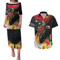 Papua New Guinea Independence Day Couples Matching Puletasi and Hawaiian Shirt PNG Flag and Bird-of-Paradise LT03 Black - Polynesian Pride