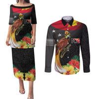 Papua New Guinea Independence Day Couples Matching Puletasi and Long Sleeve Button Shirt PNG Flag and Bird-of-Paradise LT03 Black - Polynesian Pride