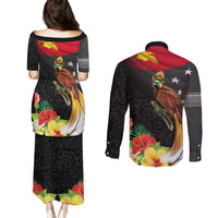 Papua New Guinea Independence Day Couples Matching Puletasi and Long Sleeve Button Shirt PNG Flag and Bird-of-Paradise LT03 - Polynesian Pride