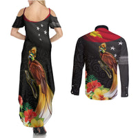 Papua New Guinea Independence Day Couples Matching Summer Maxi Dress and Long Sleeve Button Shirt PNG Flag and Bird-of-Paradise LT03 - Polynesian Pride