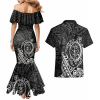Hawaii Monk Seal and Dolphin Couples Matching Mermaid Dress and Hawaiian Shirt Polynesian Kakau Pattern Black White Color LT03 - Polynesian Pride