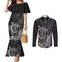 Hawaii Monk Seal and Dolphin Couples Matching Mermaid Dress and Long Sleeve Button Shirt Polynesian Kakau Pattern Black White Color LT03 Black - Polynesian Pride