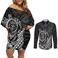 Hawaii Monk Seal and Dolphin Couples Matching Off Shoulder Short Dress and Long Sleeve Button Shirt Polynesian Kakau Pattern Black White Color LT03 Black - Polynesian Pride