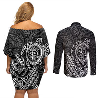 Hawaii Monk Seal and Dolphin Couples Matching Off Shoulder Short Dress and Long Sleeve Button Shirt Polynesian Kakau Pattern Black White Color