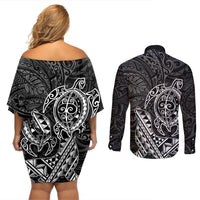 Hawaii Monk Seal and Dolphin Couples Matching Off Shoulder Short Dress and Long Sleeve Button Shirt Polynesian Kakau Pattern Black White Color LT03 - Polynesian Pride