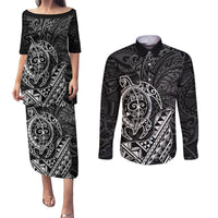 Hawaii Monk Seal and Dolphin Couples Matching Puletasi and Long Sleeve Button Shirt Polynesian Kakau Pattern Black White Color LT03 Black - Polynesian Pride