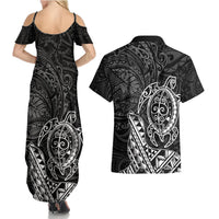 Hawaii Monk Seal and Dolphin Couples Matching Summer Maxi Dress and Hawaiian Shirt Polynesian Kakau Pattern Black White Color LT03 - Polynesian Pride