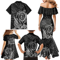 Hawaii Monk Seal and Dolphin Family Matching Mermaid Dress and Hawaiian Shirt Polynesian Kakau Pattern Black White Color